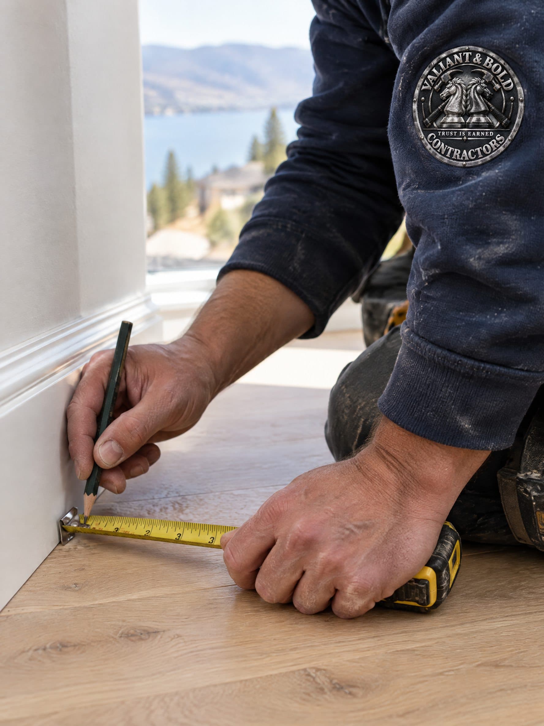 A finish carpenter scribing new baseboard to a white-oak floor.