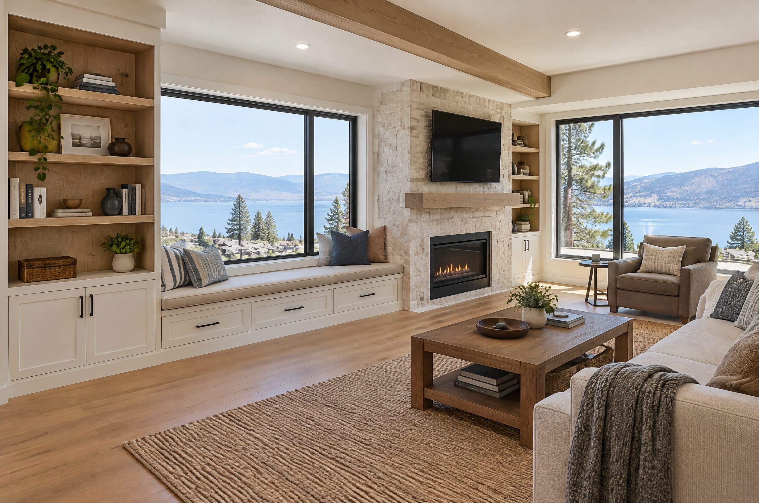A finished living room renovation in a Kelowna home with a view of Okanagan Lake.