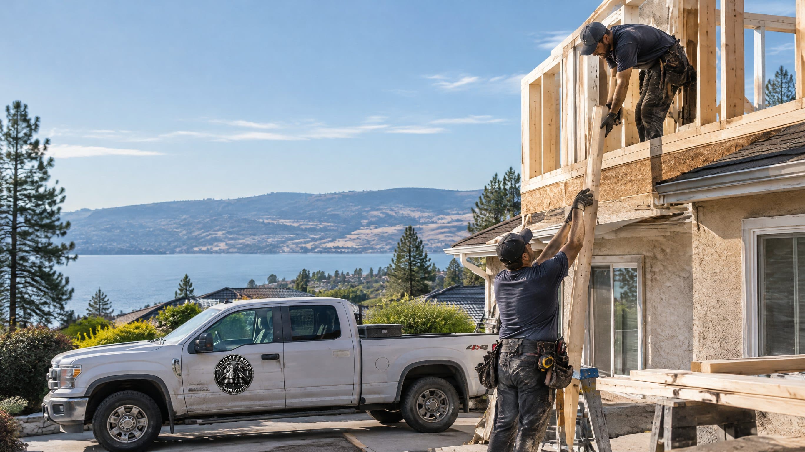 A second-storey addition being framed on a Kelowna stucco home.