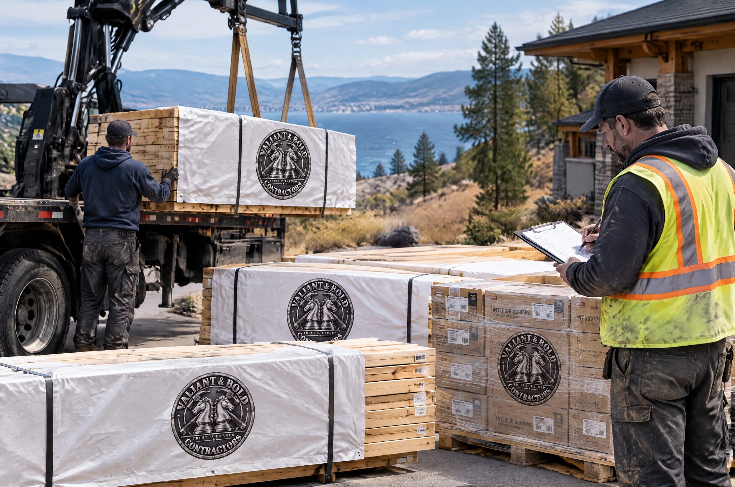 A lumber delivery being checked against the material register on a Kelowna driveway.