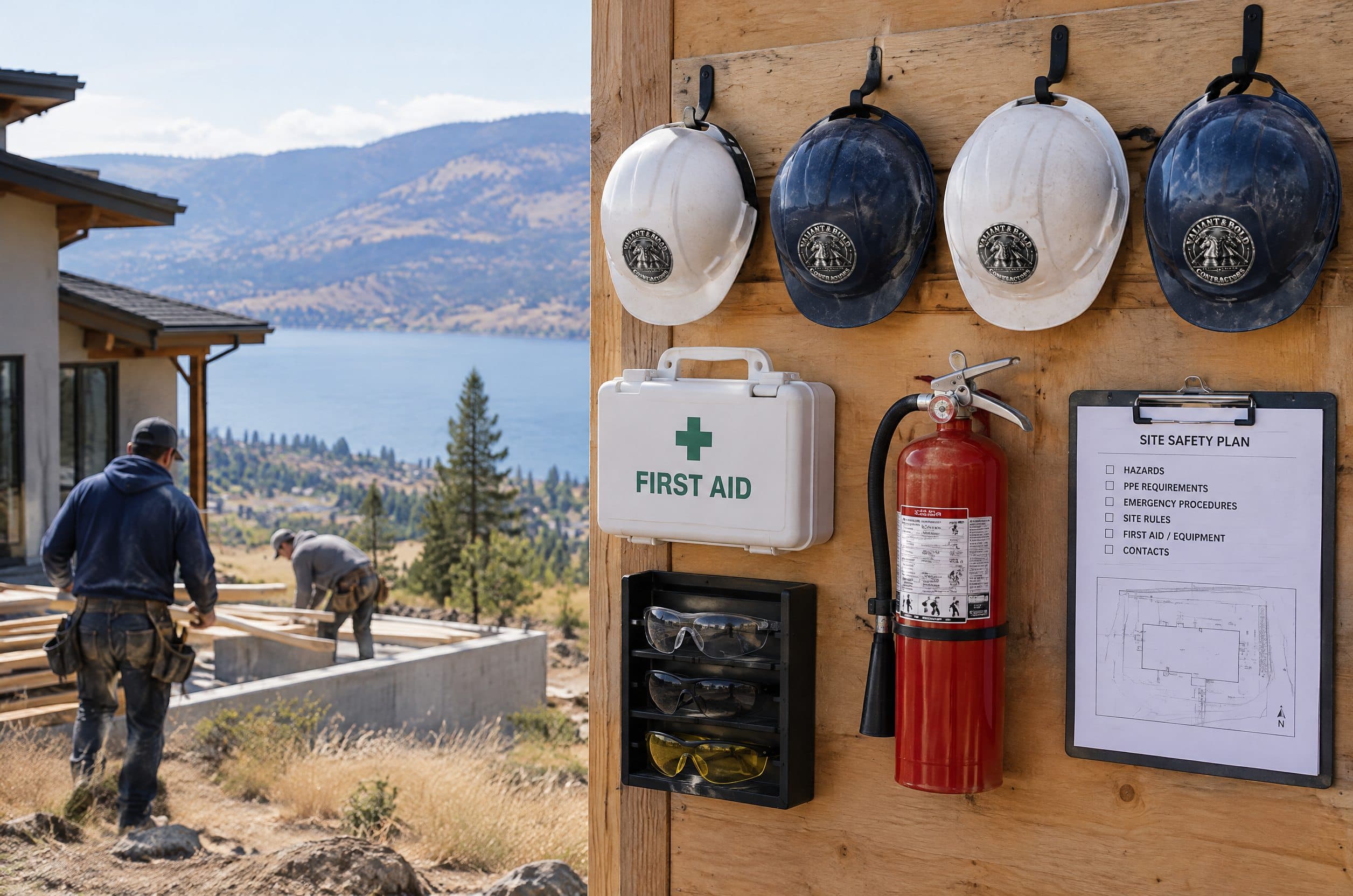 The site safety station on a Valiant & Bold job: hard hats, first aid kit, extinguisher and safety plan.