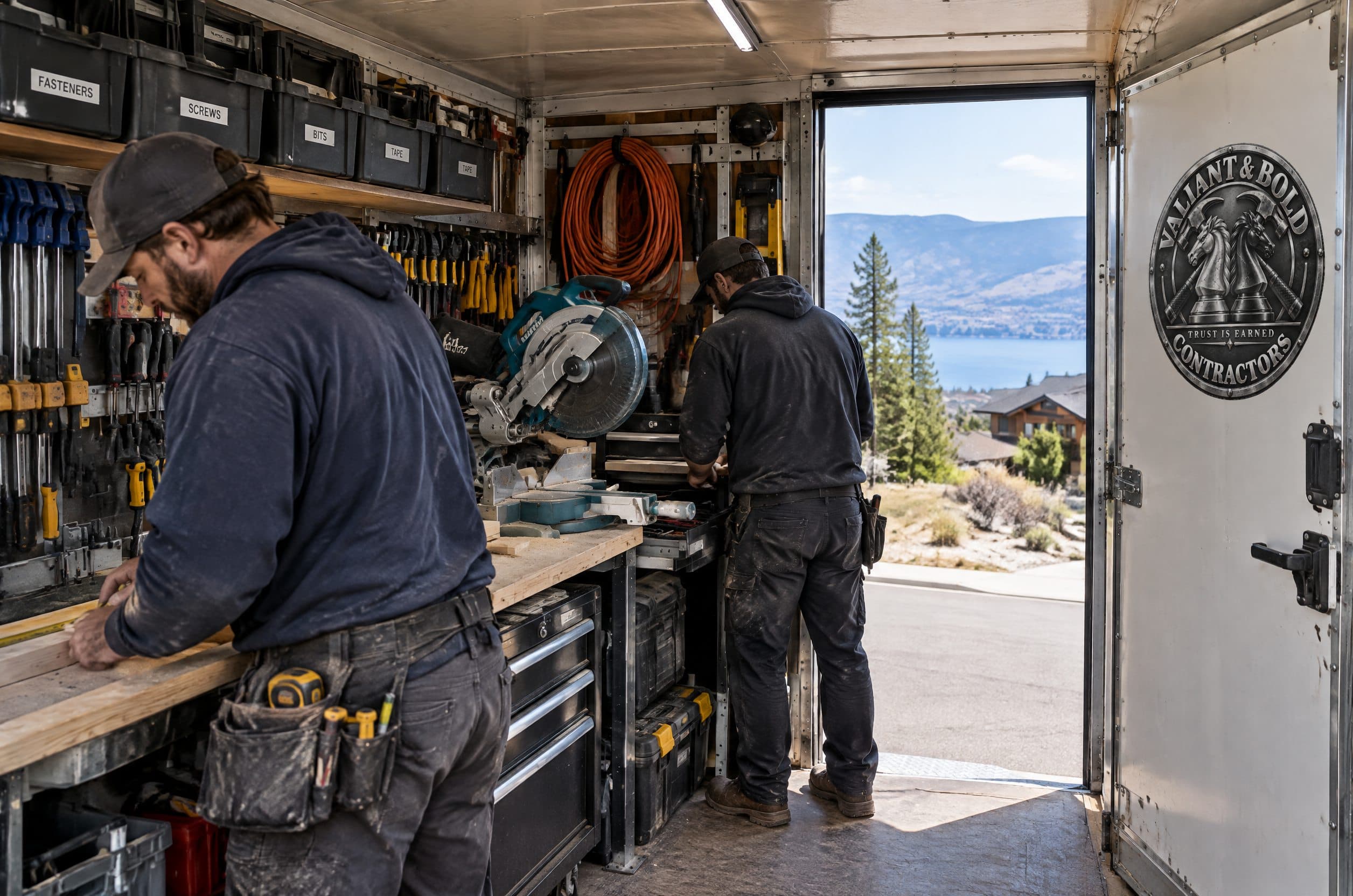 The inside of a Valiant & Bold work trailer, tools racked and labelled.