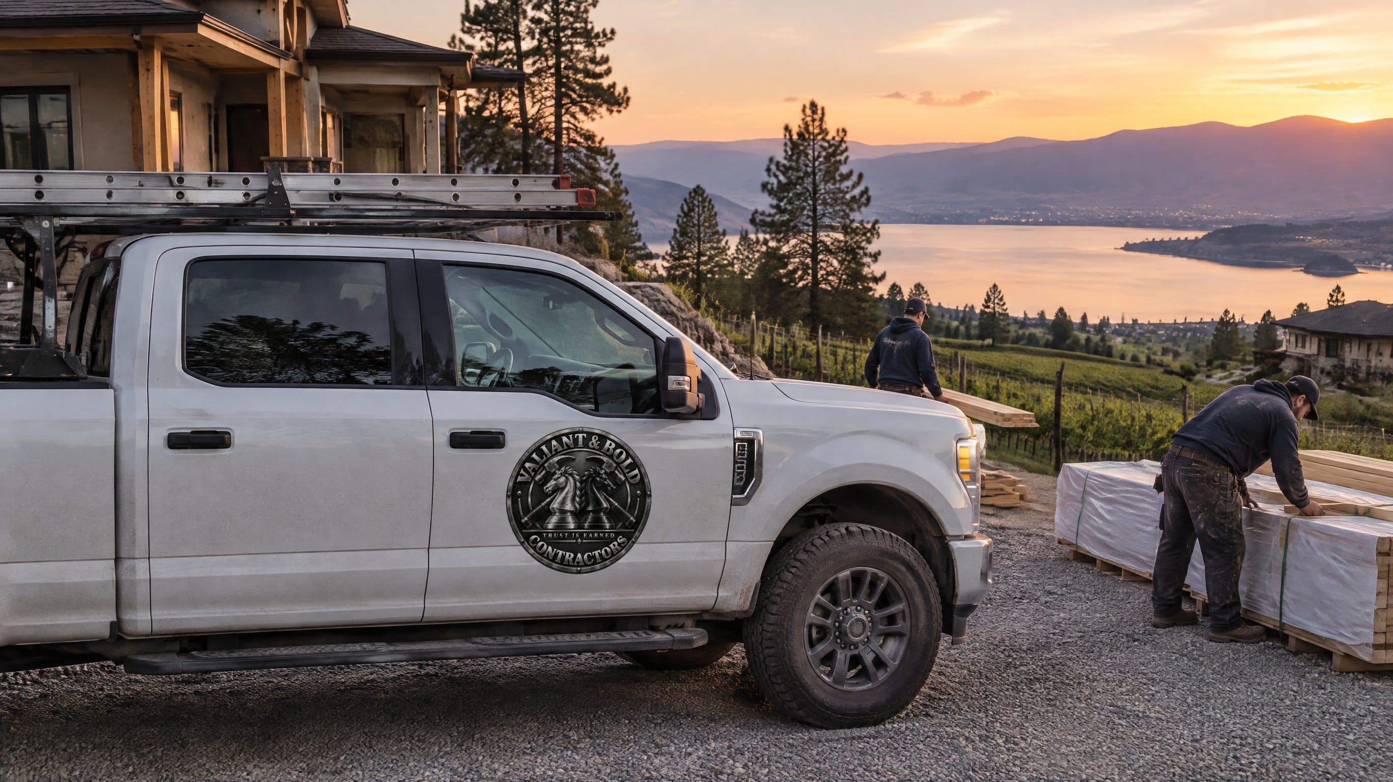 A Valiant & Bold pickup parked at an East Kelowna job at dusk, vineyards and the lake behind.